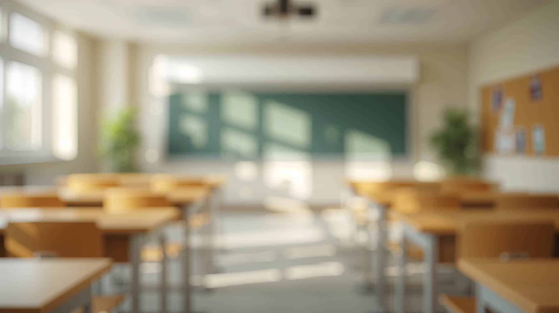 Leeres Klassenzimmer mit Tischen und Stühlen in Bayern.